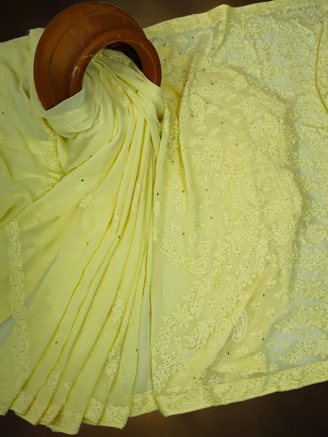 Ada Hand Embroidered Lemon Viscose Georgette Lucknowi Chikankari Saree and Blouse With Mukaish Work 01A745984