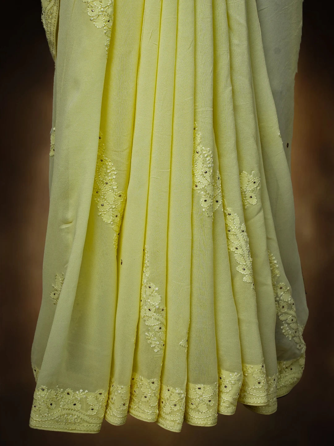 Ada Hand Embroidered Lemon Viscose Georgette Lucknowi Chikankari Saree and Blouse With Mukaish Work 01A745984