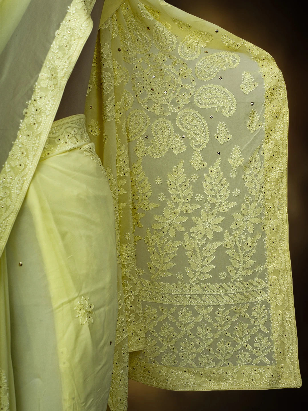 Ada Hand Embroidered Lemon Viscose Georgette Lucknowi Chikankari Saree and Blouse With Mukaish Work 01A745984