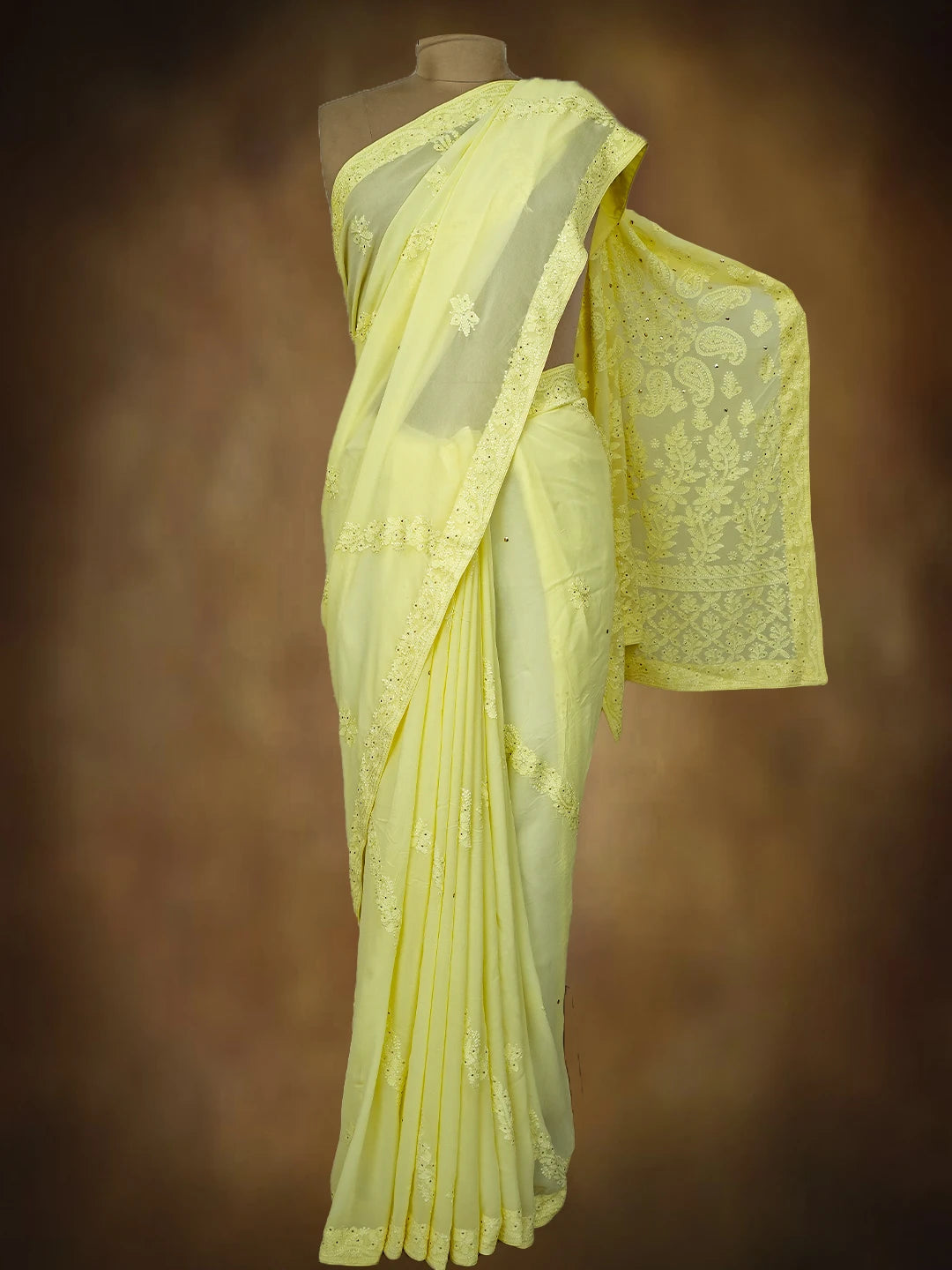 Ada Hand Embroidered Lemon Viscose Georgette Lucknowi Chikankari Saree and Blouse With Mukaish Work 01A745984