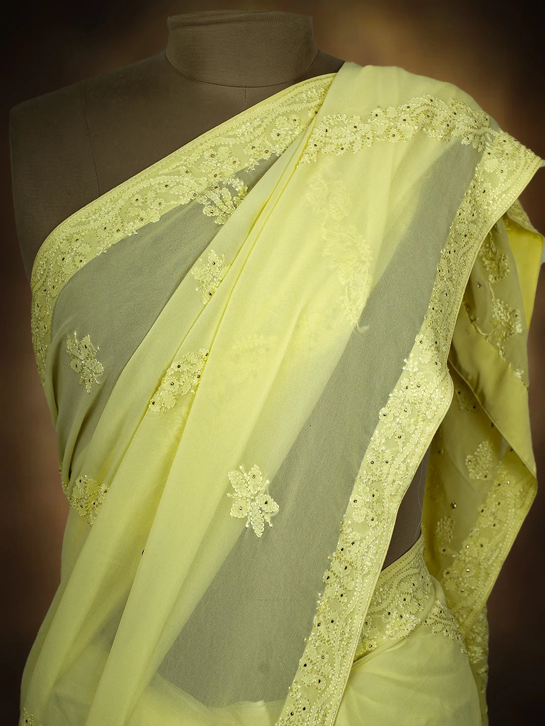 Ada Hand Embroidered Lemon Viscose Georgette Lucknowi Chikankari Saree and Blouse With Mukaish Work 01A745984