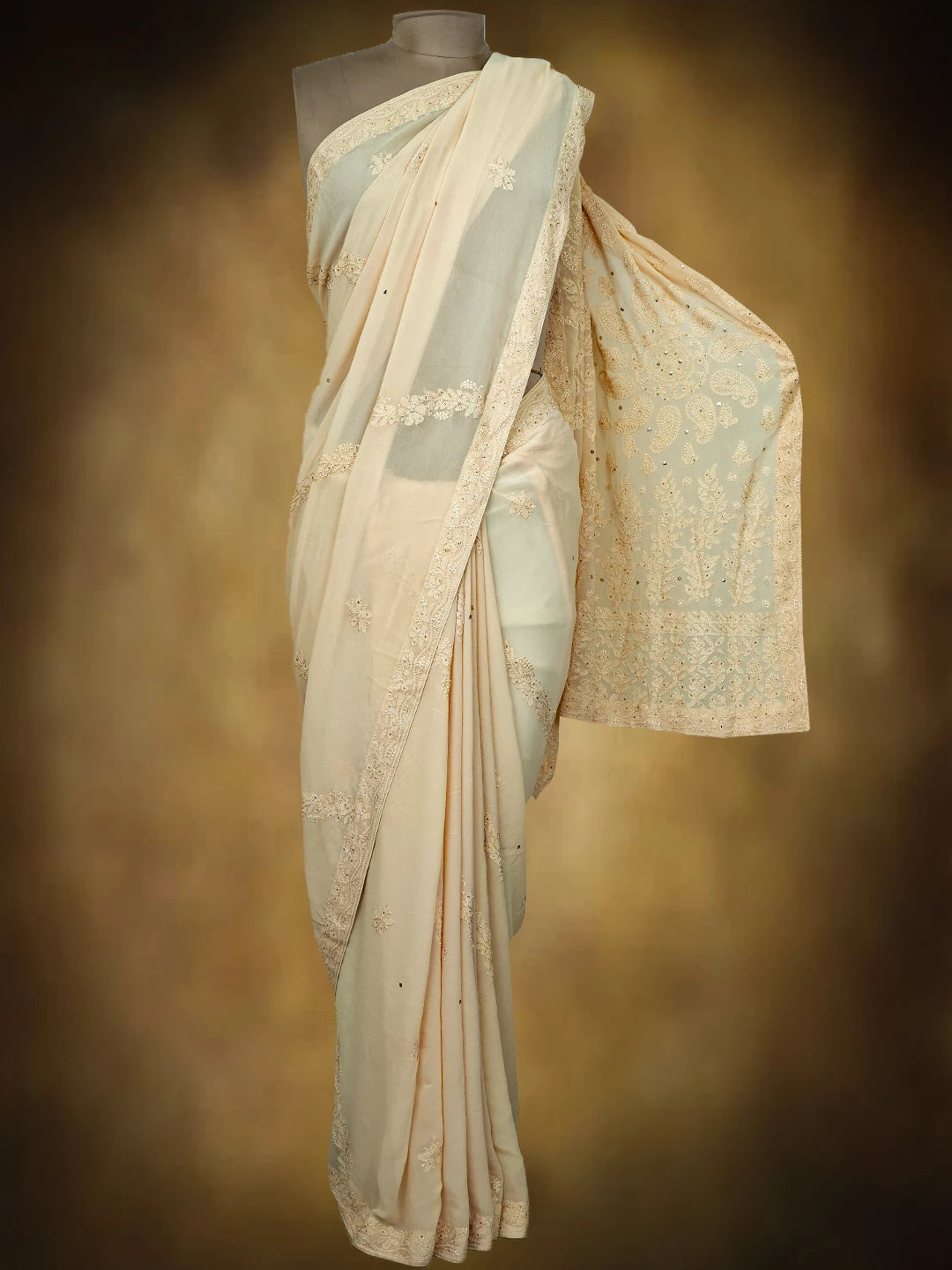 Ada Hand Embroidered Fawn Viscose Georgette Lucknowi Chikankari Saree and Blouse With Mukaish Work 01A745978