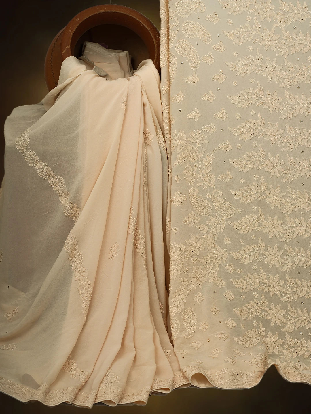 Ada Hand Embroidered Fawn Viscose Georgette Lucknowi Chikankari Saree and Blouse With Mukaish Work 01A745978