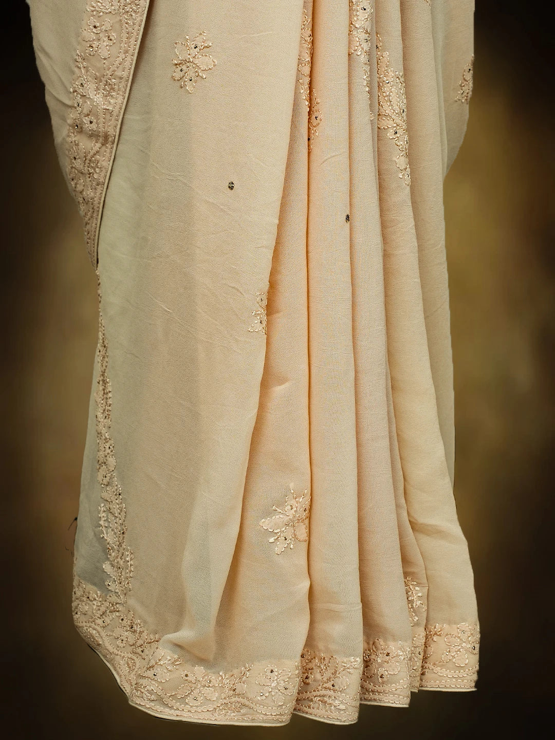 Ada Hand Embroidered Fawn Viscose Georgette Lucknowi Chikankari Saree and Blouse With Mukaish Work 01A745978