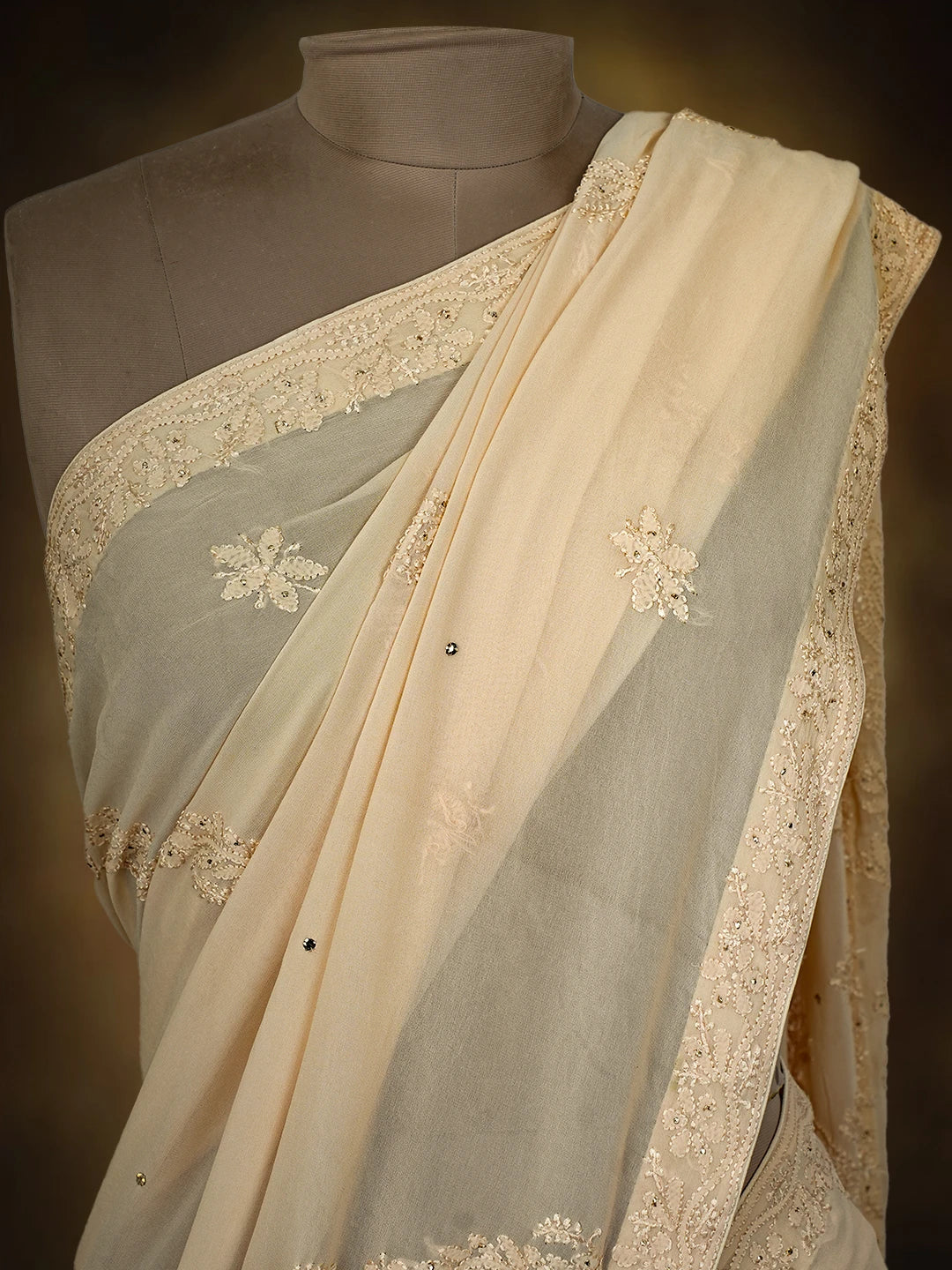 Ada Hand Embroidered Fawn Viscose Georgette Lucknowi Chikankari Saree and Blouse With Mukaish Work 01A745978