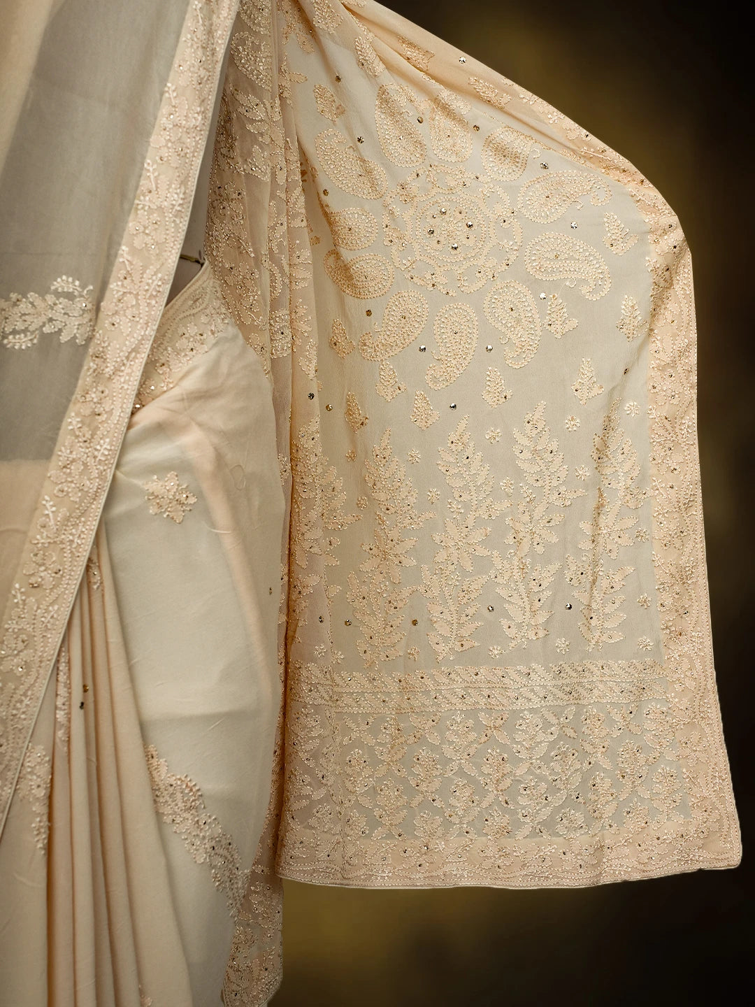 Ada Hand Embroidered Fawn Viscose Georgette Lucknowi Chikankari Saree and Blouse With Mukaish Work 01A745978