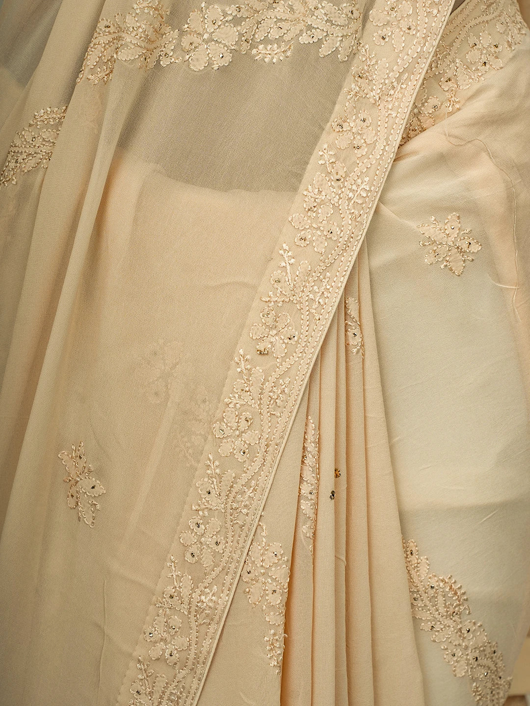 Ada Hand Embroidered Fawn Viscose Georgette Lucknowi Chikankari Saree and Blouse With Mukaish Work 01A745978