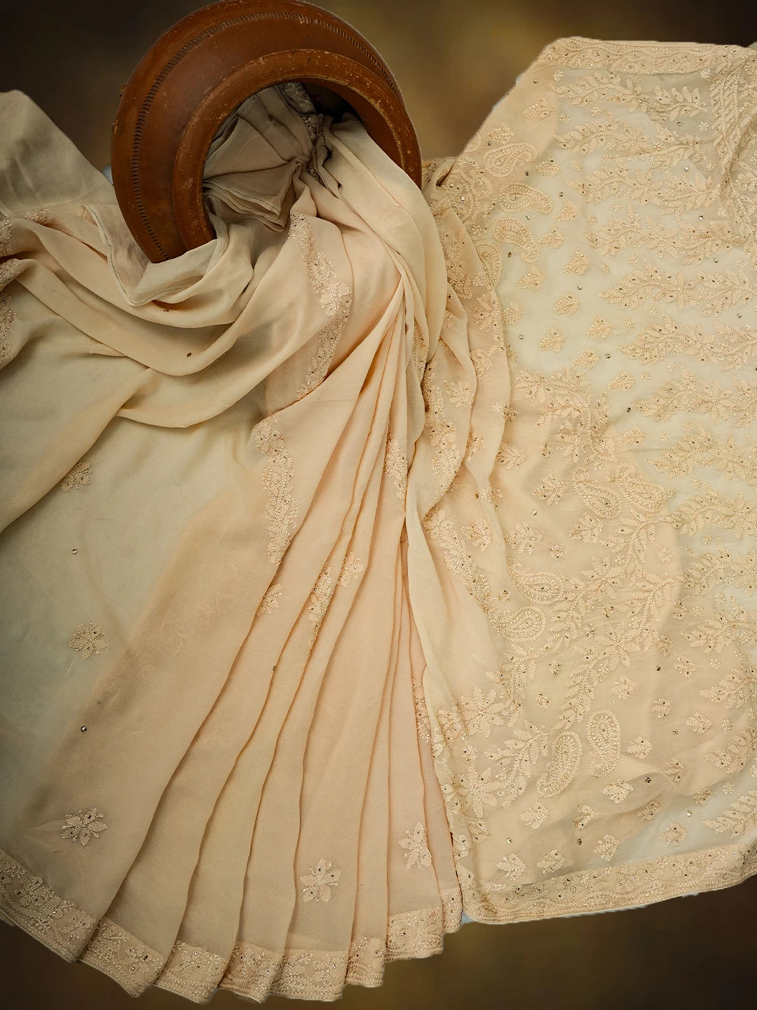Ada Hand Embroidered Fawn Viscose Georgette Lucknowi Chikankari Saree and Blouse With Mukaish Work 01A745978