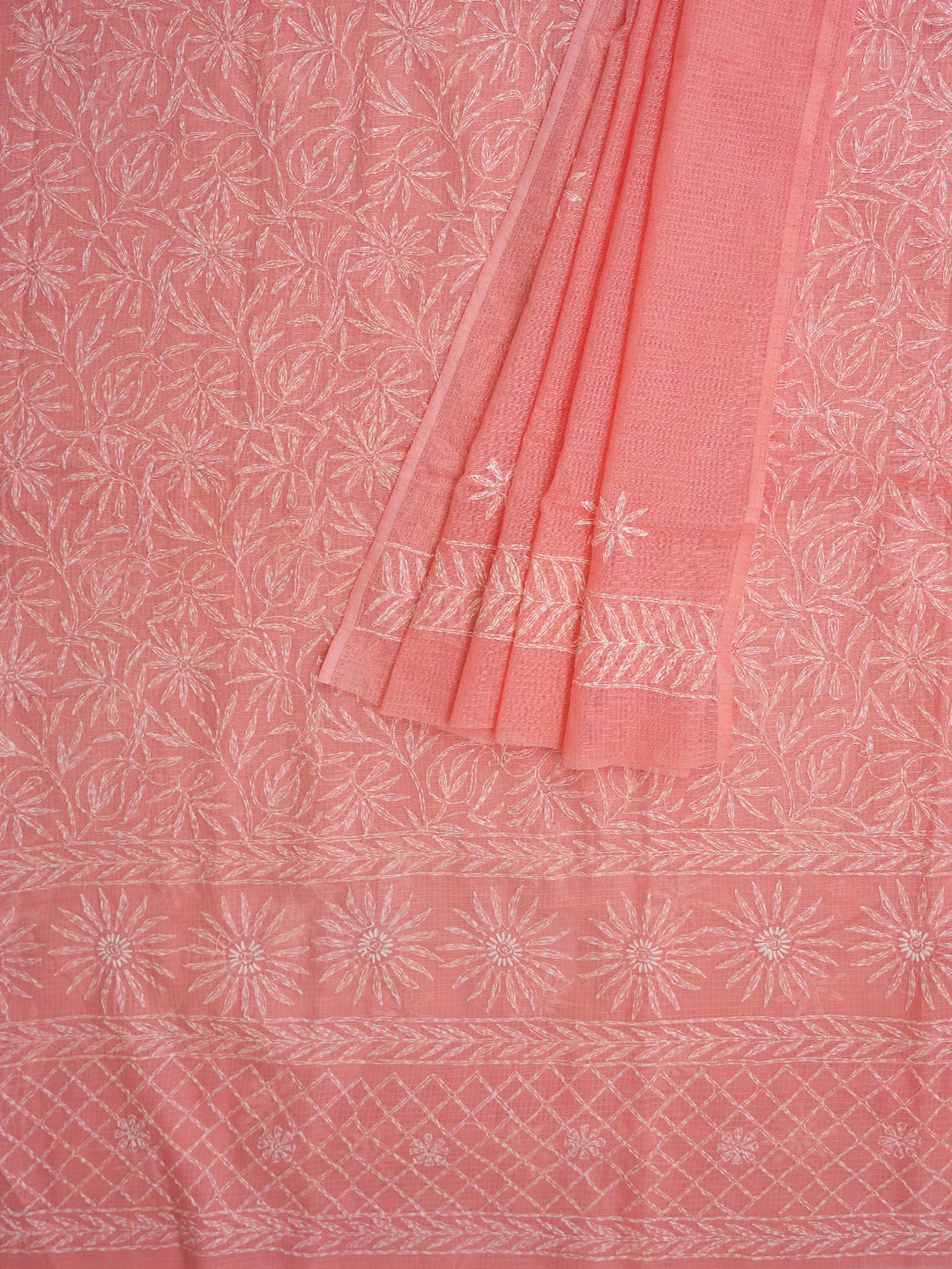 Ada Hand Embroidered Carrot Pink Kota Lucknowi Chikankari Unstitched Kurta Dupatta Set 01A357772