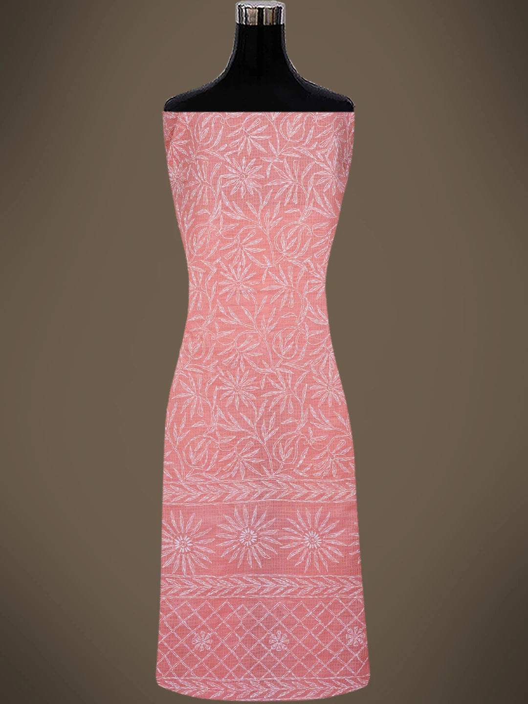 Ada Hand Embroidered Carrot Pink Kota Lucknowi Chikankari Unstitched Kurta Dupatta Set 01A357772