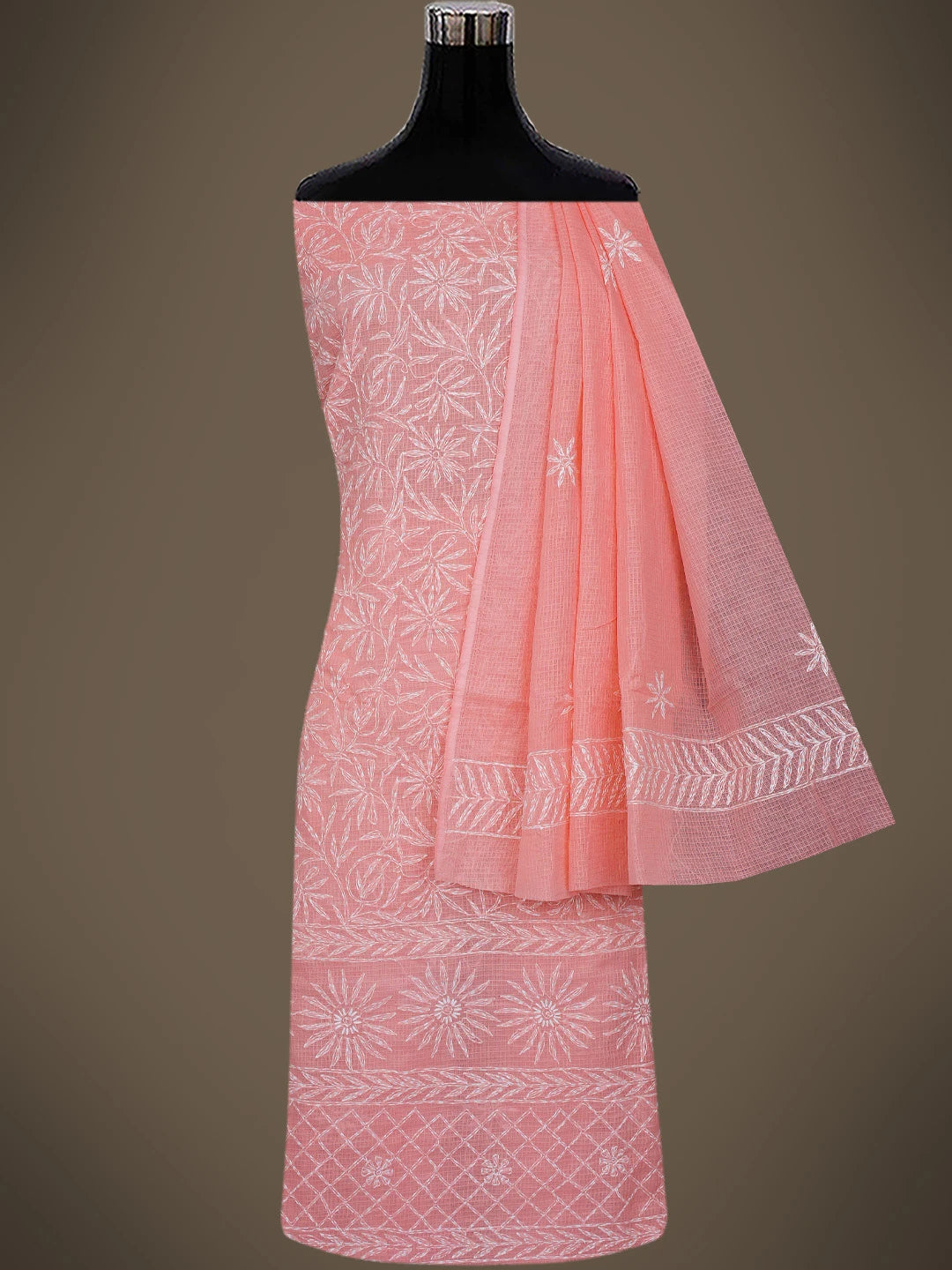 Ada Hand Embroidered Carrot Pink Kota Lucknowi Chikankari Unstitched Kurta Dupatta Set 01A357772