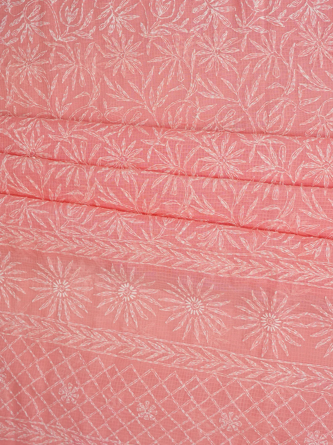 Ada Hand Embroidered Carrot Pink Kota Lucknowi Chikankari Unstitched Kurta Dupatta Set 01A357772
