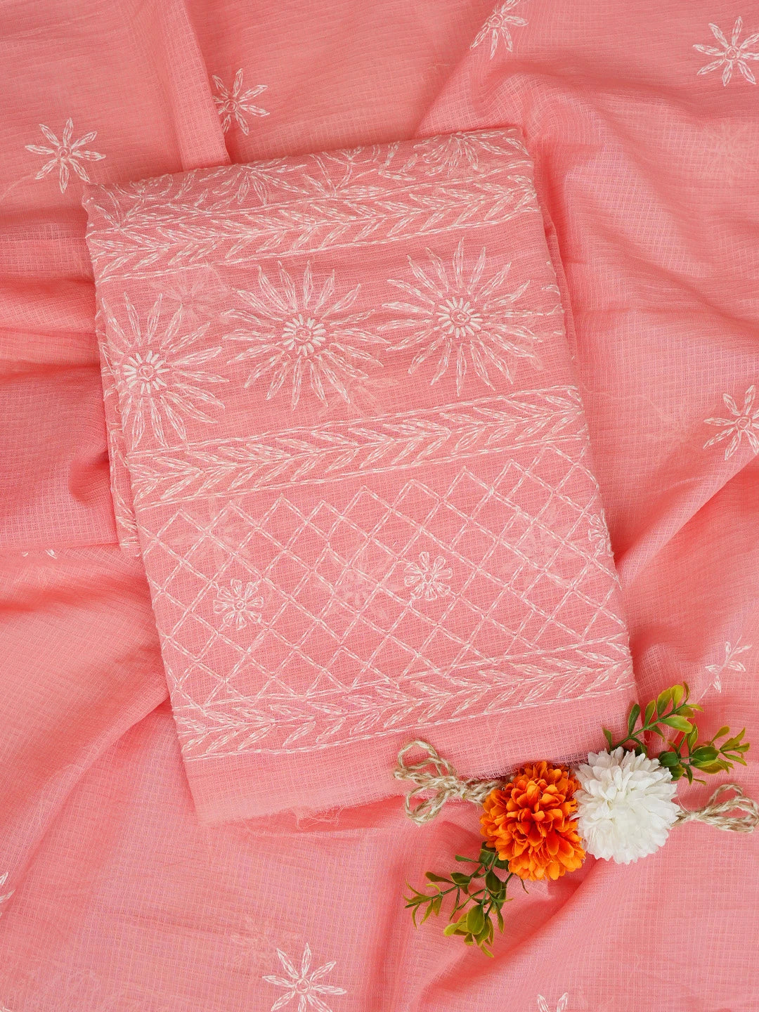 Ada Hand Embroidered Carrot Pink Kota Lucknowi Chikankari Unstitched Kurta Dupatta Set 01A357772