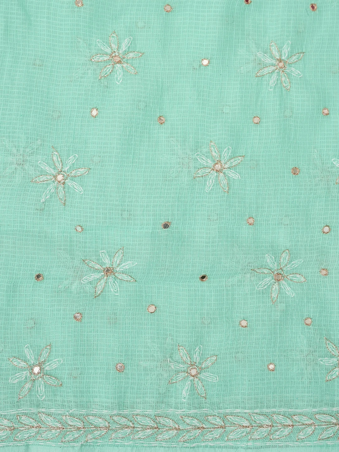 Ada Hand Embroidered Sea Green Kota Lucknowi Chikankari Unstitched Kurta Dupatta Set With Mirror Work 01A415254