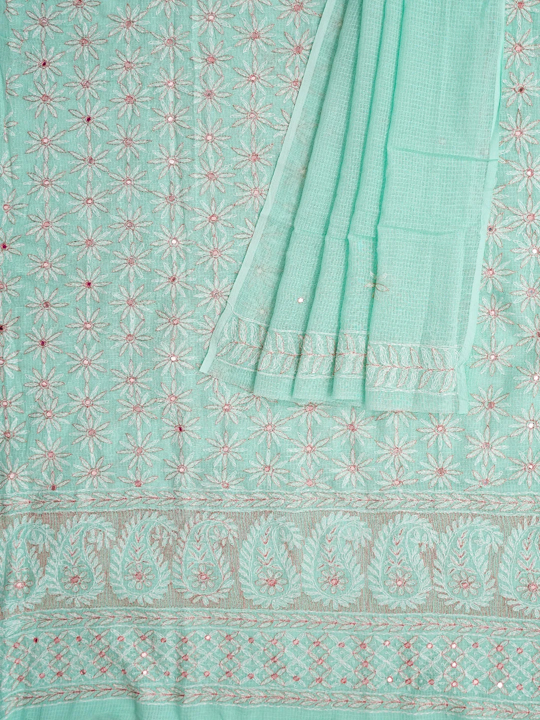 Ada Hand Embroidered Sea Green Kota Lucknowi Chikankari Unstitched Kurta Dupatta Set With Mirror Work 01A415254