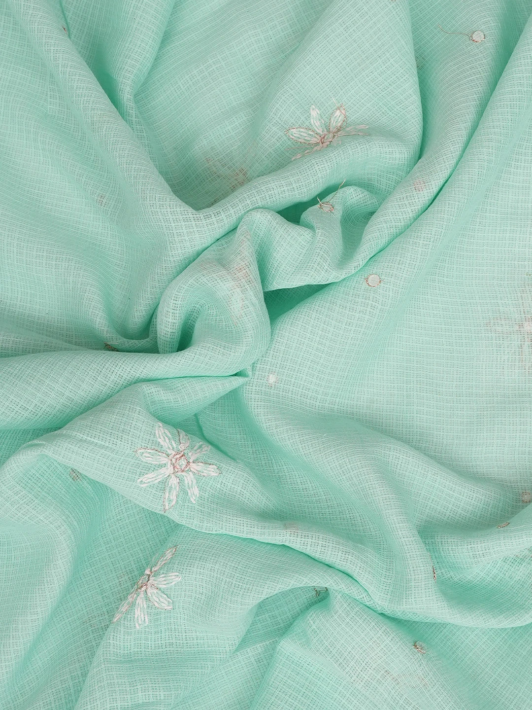 Ada Hand Embroidered Sea Green Kota Lucknowi Chikankari Unstitched Kurta Dupatta Set With Mirror Work 01A415254