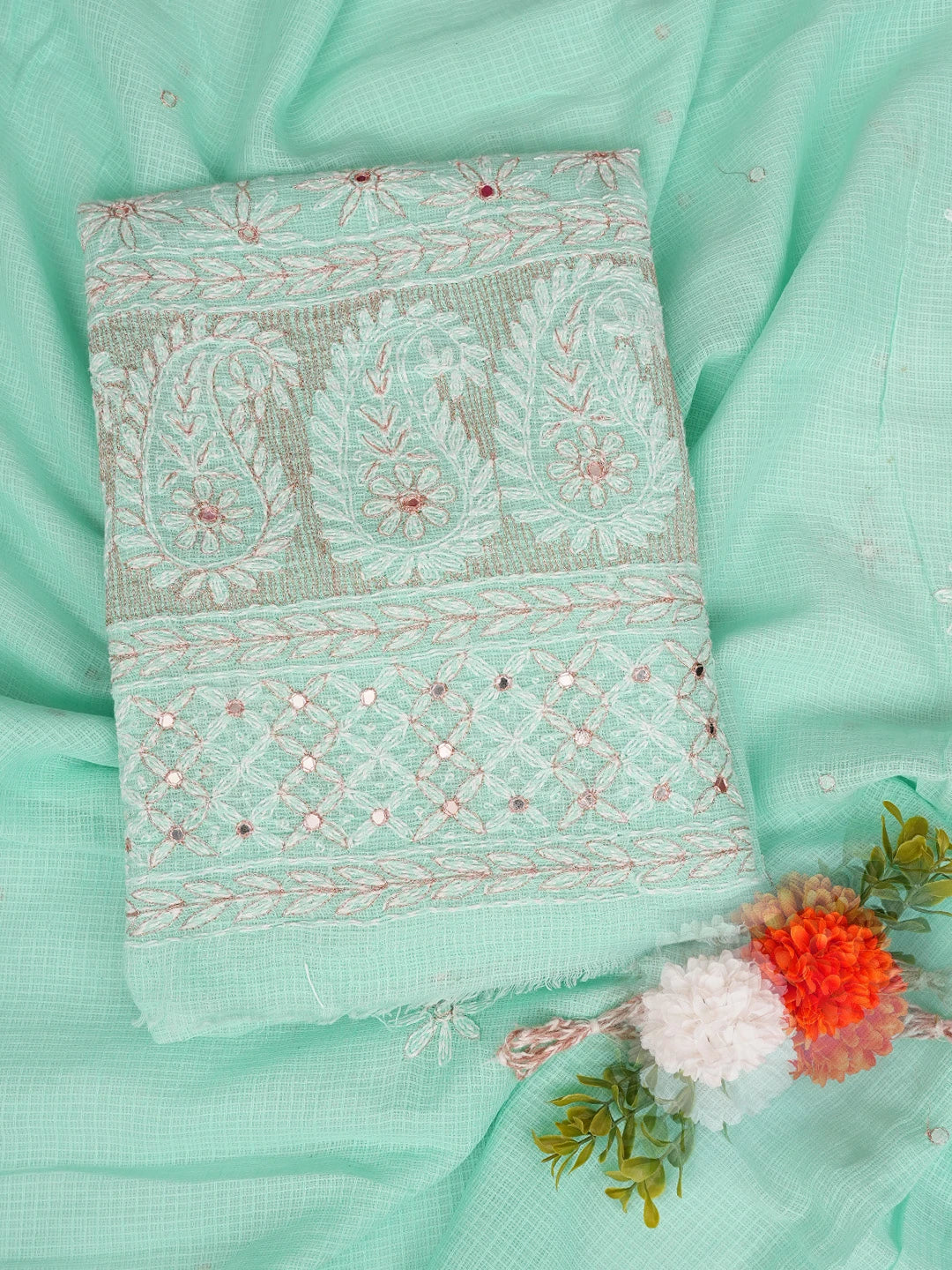 Ada Hand Embroidered Sea Green Kota Lucknowi Chikankari Unstitched Kurta Dupatta Set With Mirror Work 01A415254
