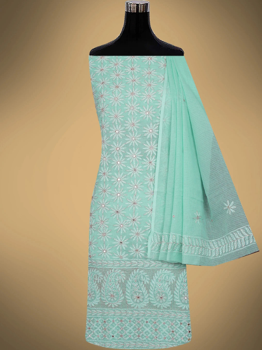 Ada Hand Embroidered Sea Green Kota Lucknowi Chikankari Unstitched Kurta Dupatta Set With Mirror Work 01A415254