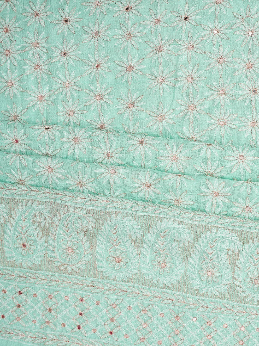 Ada Hand Embroidered Sea Green Kota Lucknowi Chikankari Unstitched Kurta Dupatta Set With Mirror Work 01A415254
