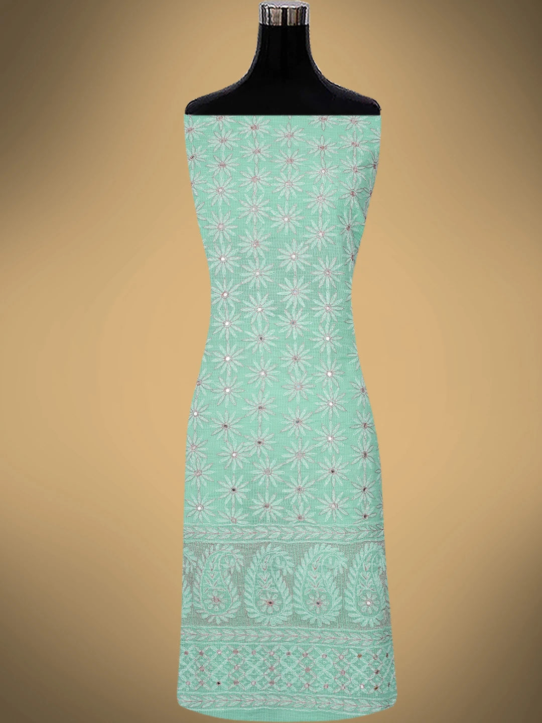Ada Hand Embroidered Sea Green Kota Lucknowi Chikankari Unstitched Kurta Dupatta Set With Mirror Work 01A415254