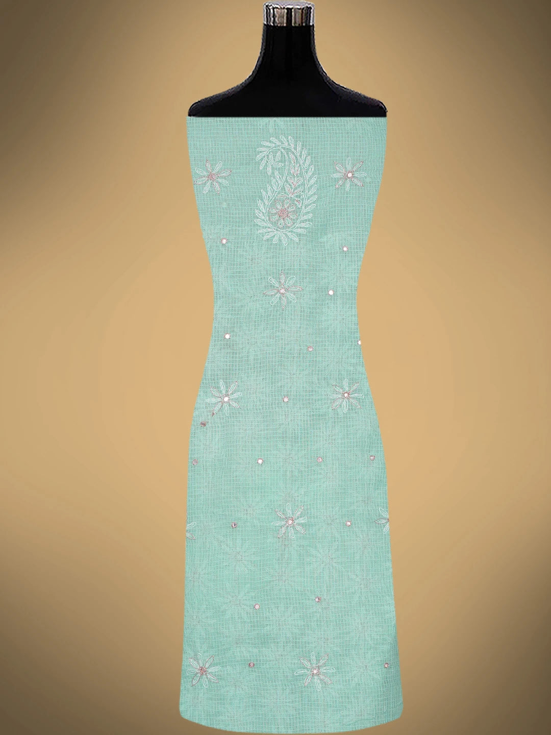 Ada Hand Embroidered Sea Green Kota Lucknowi Chikankari Unstitched Kurta Dupatta Set With Mirror Work 01A415254