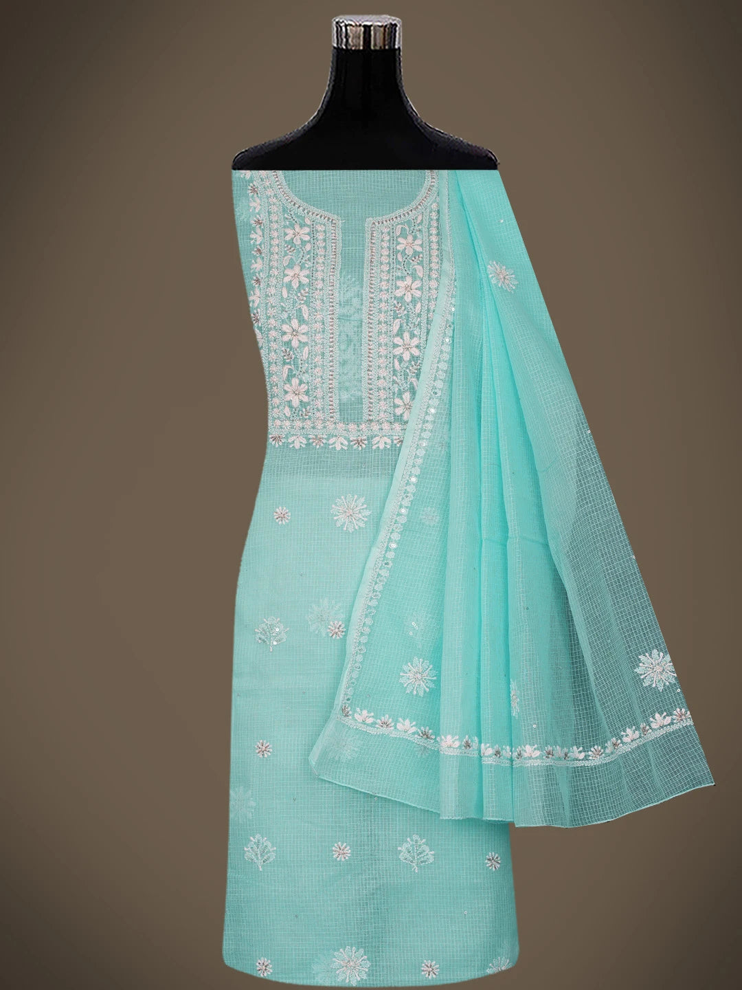 Ada Hand Embroidered Sky Blue Kota Lucknowi Chikankari Unstitched Kurta Dupatta Set With Cutdana Work 01A574077