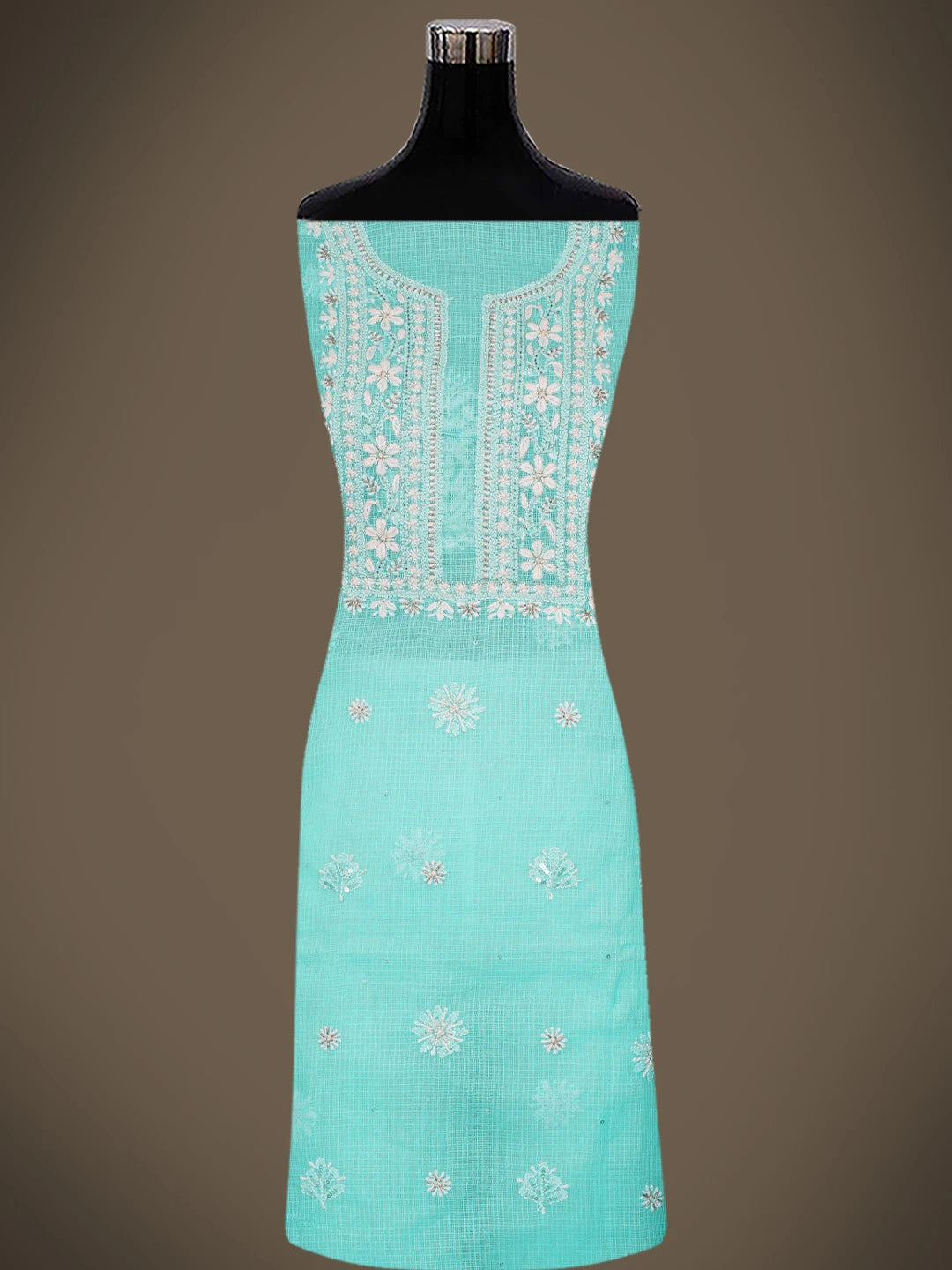 Ada Hand Embroidered Sky Blue Kota Lucknowi Chikankari Unstitched Kurta Dupatta Set With Cutdana Work 01A574077
