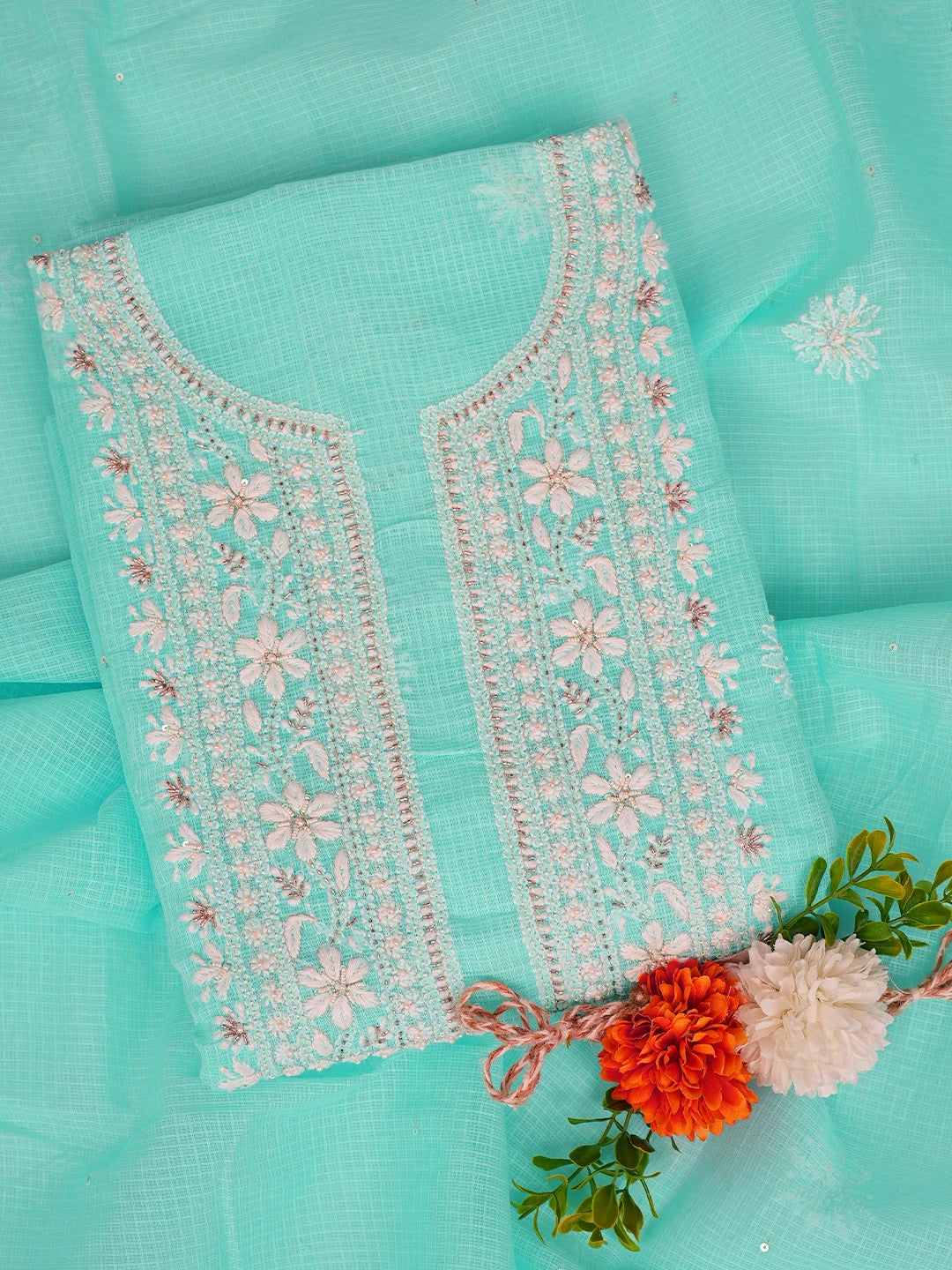 Ada Hand Embroidered Sky Blue Kota Lucknowi Chikankari Unstitched Kurta Dupatta Set With Cutdana Work 01A574077