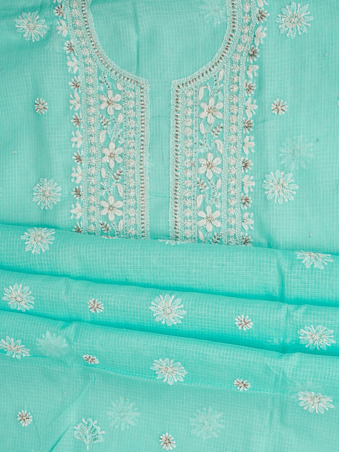 Ada Hand Embroidered Sky Blue Kota Lucknowi Chikankari Unstitched Kurta Dupatta Set With Cutdana Work 01A574077