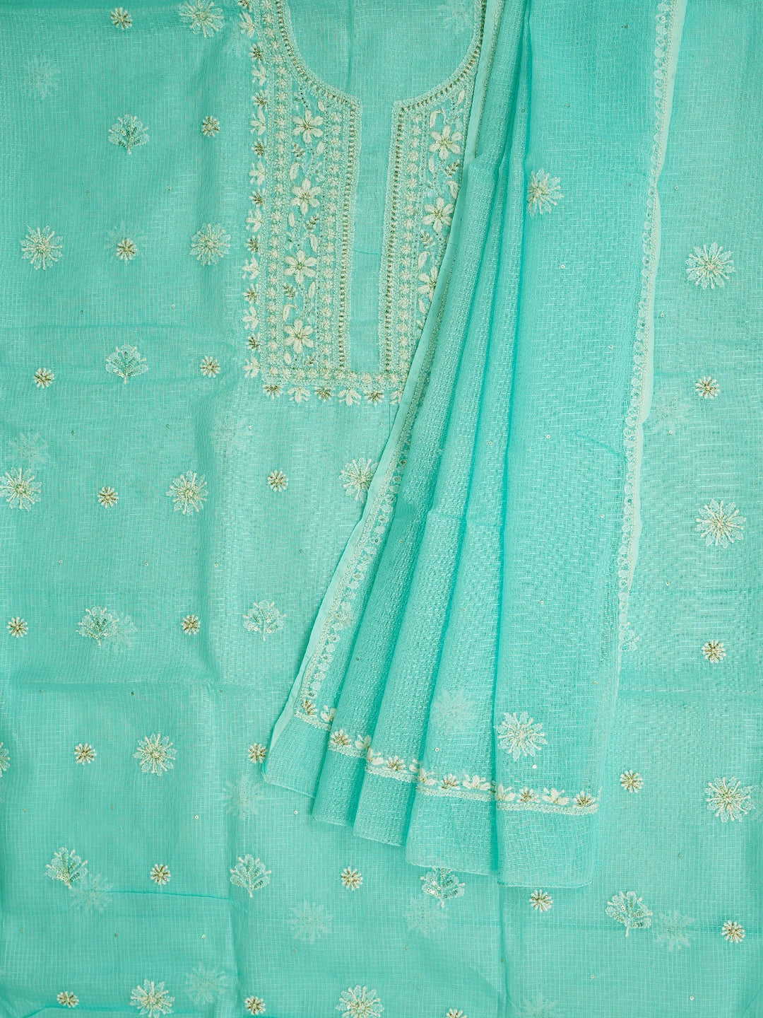 Ada Hand Embroidered Sky Blue Kota Lucknowi Chikankari Unstitched Kurta Dupatta Set With Cutdana Work 01A574077
