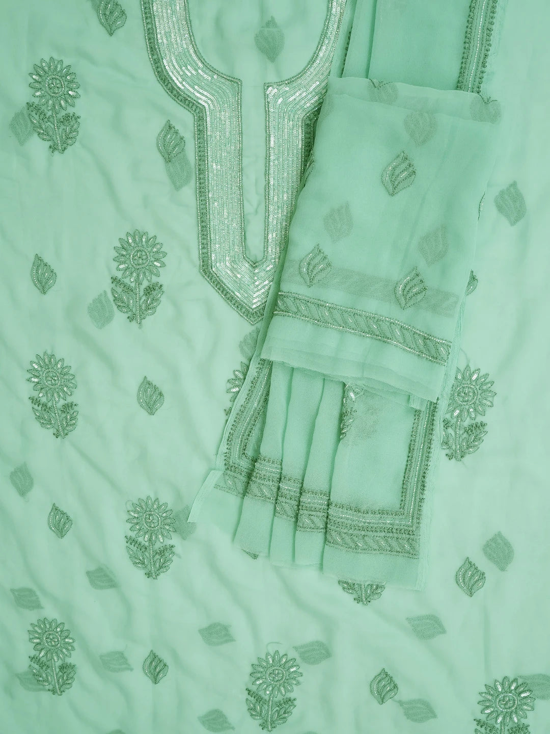 Ada Hand Embroidered Teal Green Georgette Lucknowi Chikankari Unstitched Suit Piece With Cutdana Work 01A713322