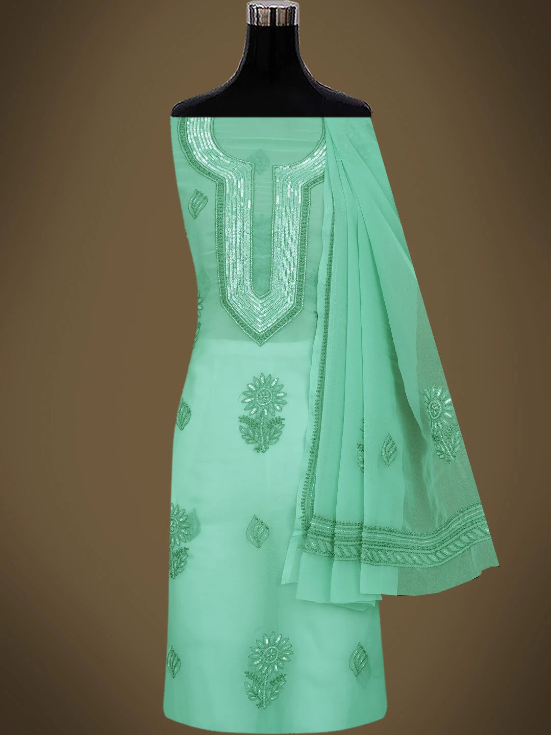 Ada Hand Embroidered Teal Green Georgette Lucknowi Chikankari Unstitched Suit Piece With Cutdana Work 01A713322