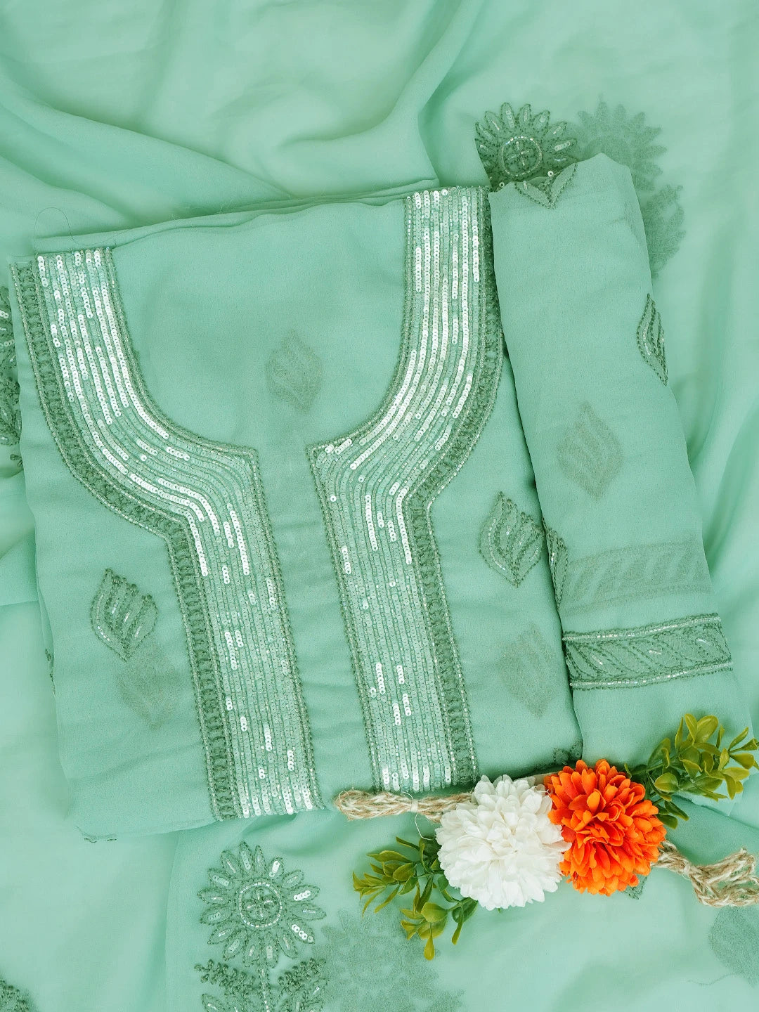 Ada Hand Embroidered Teal Green Georgette Lucknowi Chikankari Unstitched Suit Piece With Cutdana Work 01A713322