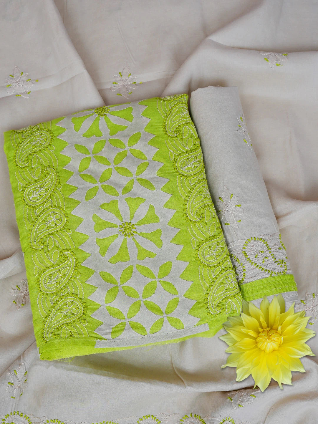 Ada Hand Embroidered Green Cotton Lucknowi Chikankari Unstitched Suit Piece 01A723405