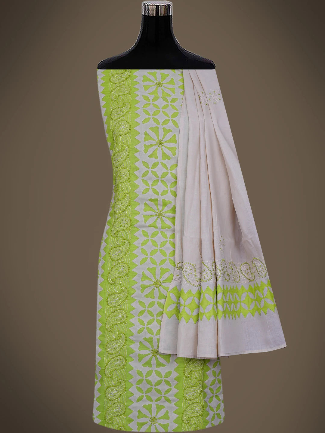 Ada Hand Embroidered Green Cotton Lucknowi Chikankari Unstitched Suit Piece 01A723405
