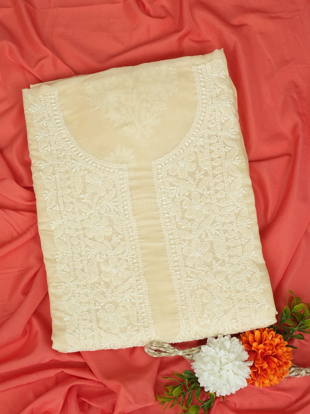 Ada Hand Embroidered Wheat Brown Cotton Lucknowi Chikankari Unstitched Kurta Piece 01A772841