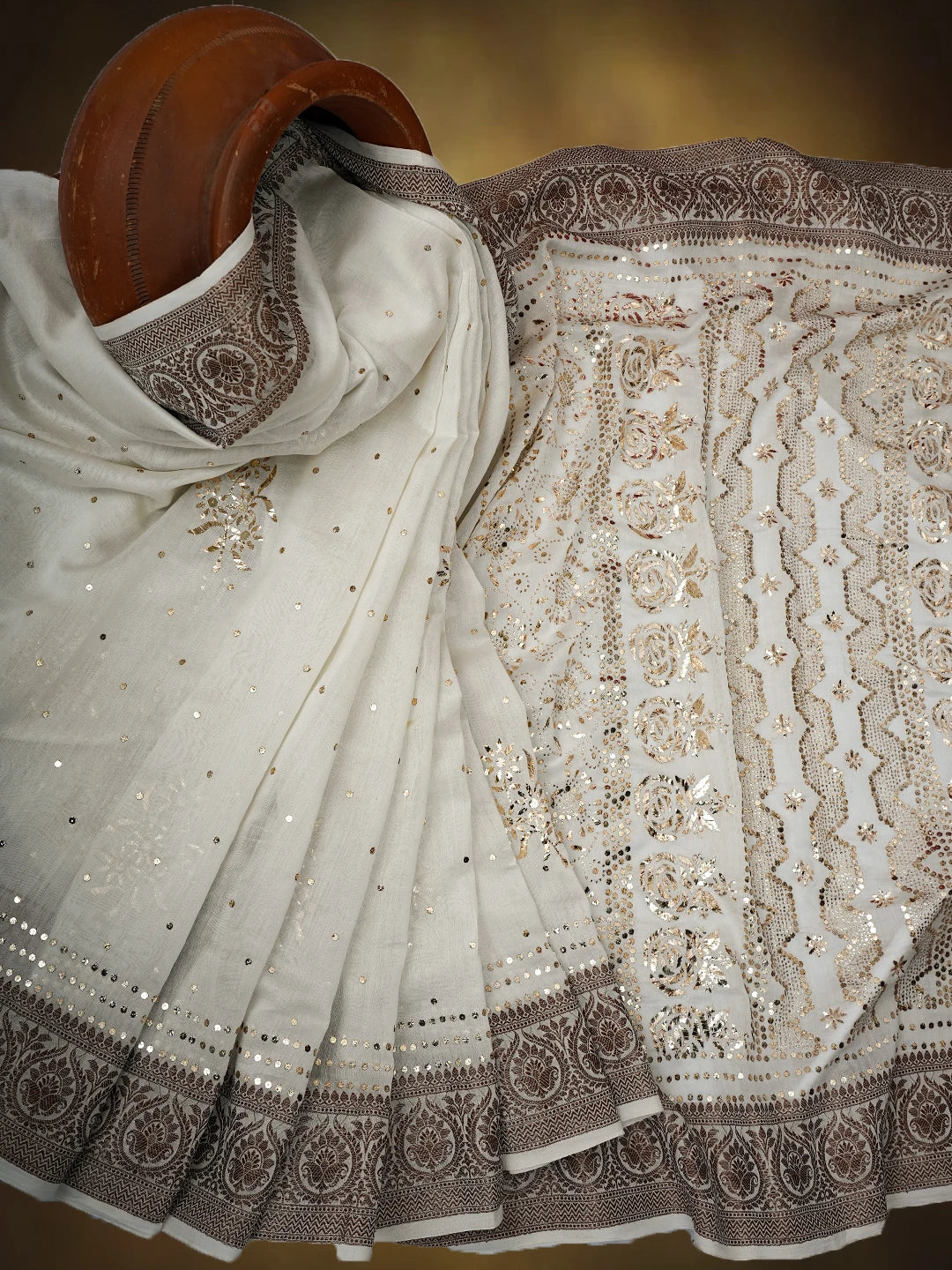Ada Hand Embroidered White Chanderi Lucknowi Chikankari Saree and Blouse With Mukaish Work 01A589143