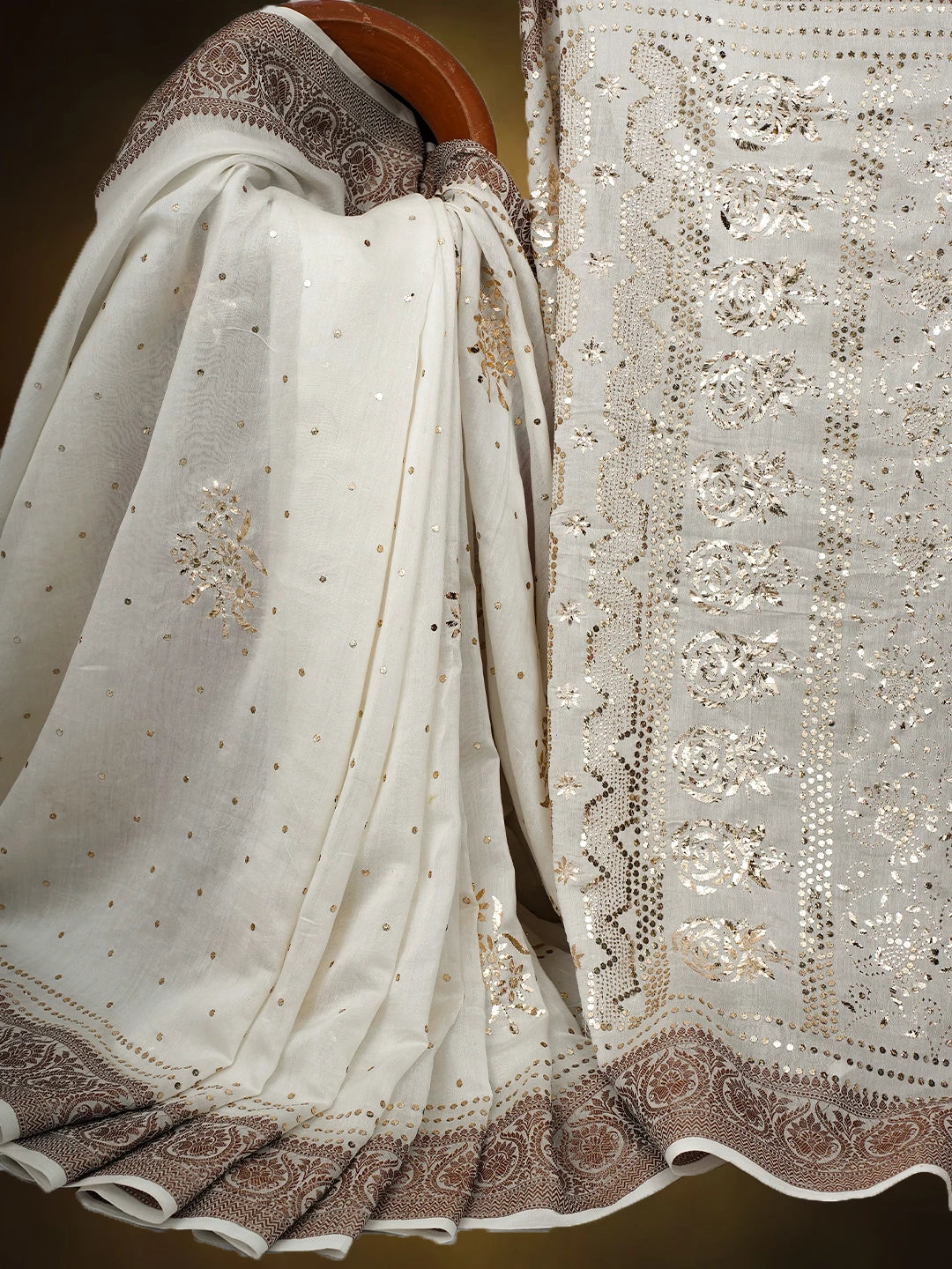 Ada Hand Embroidered White Chanderi Lucknowi Chikankari Saree and Blouse With Mukaish Work 01A589143
