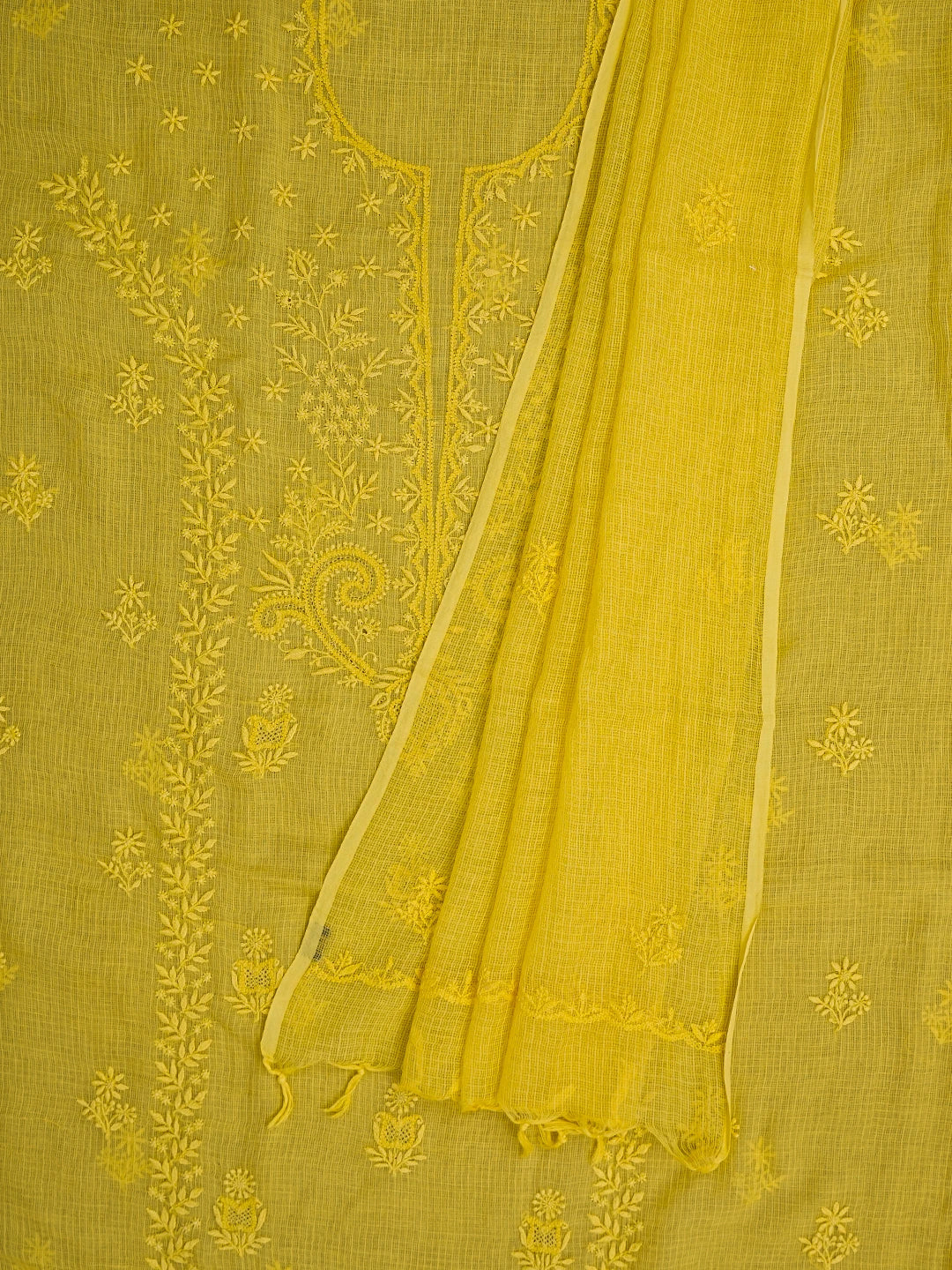 Ada Hand Embroidered Yellow Kota Lucknowi Chikankari Unstitched Kurta Dupatta Set 01A593518