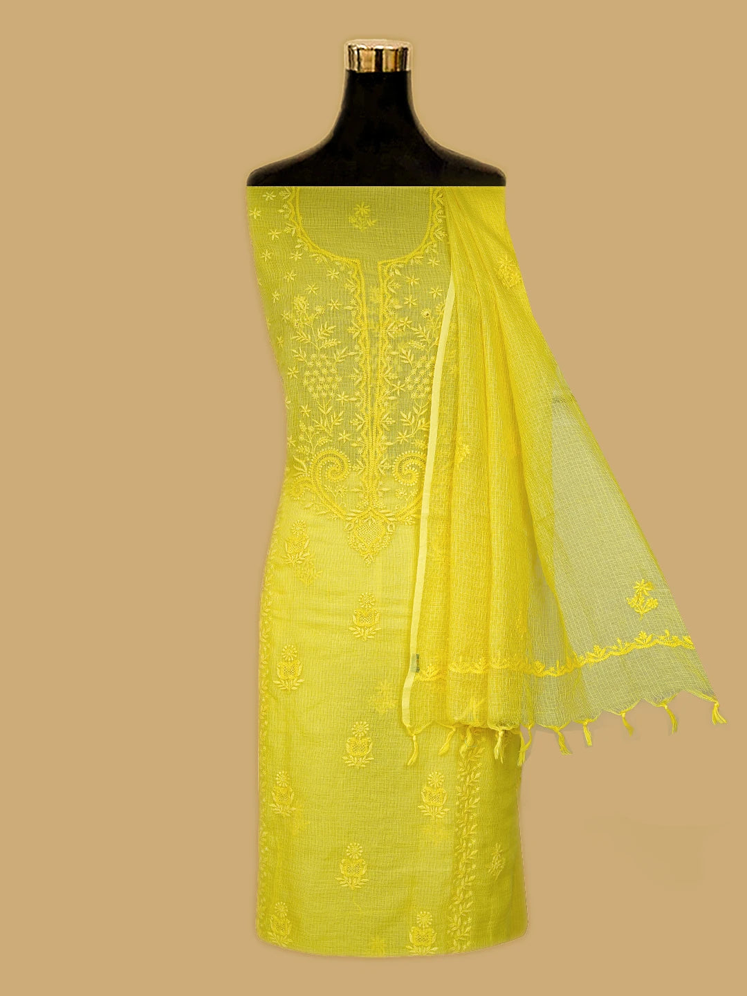 Ada Hand Embroidered Yellow Kota Lucknowi Chikankari Unstitched Kurta Dupatta Set 01A593518
