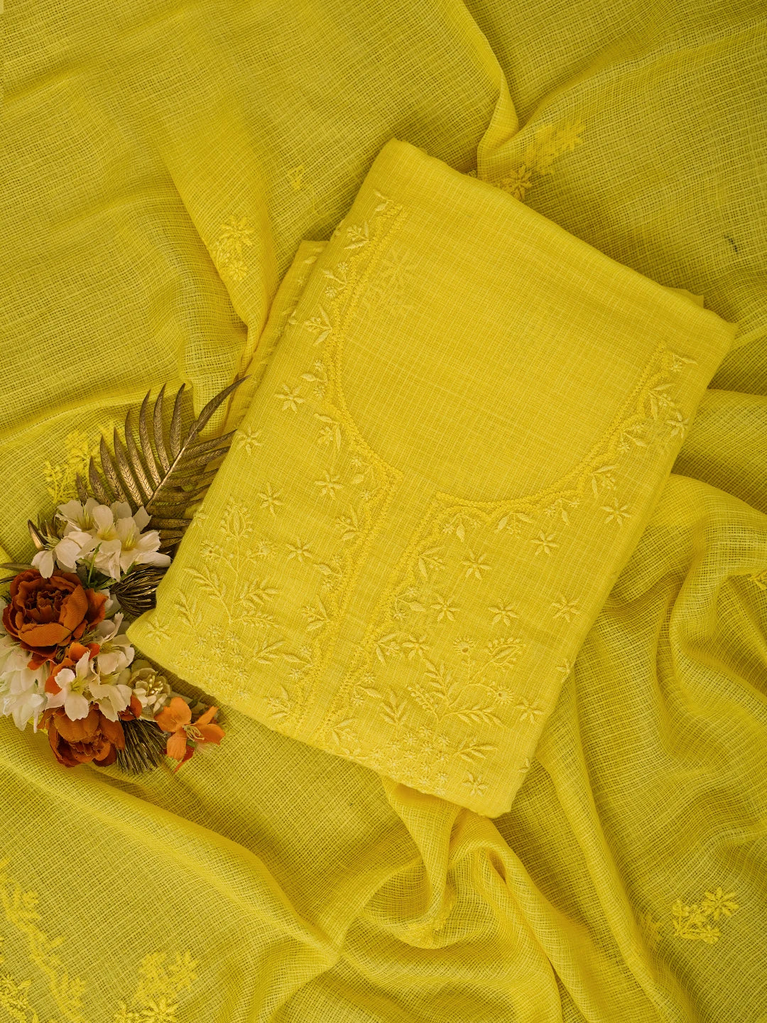Ada Hand Embroidered Yellow Kota Lucknowi Chikankari Unstitched Kurta Dupatta Set 01A593518