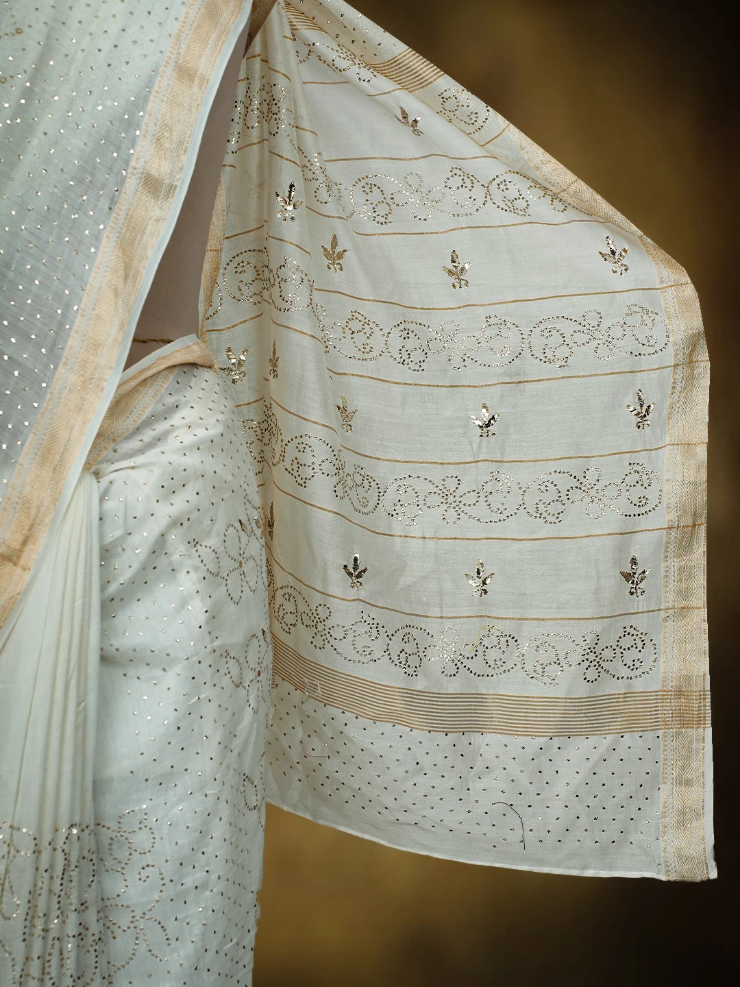 Ada Hand Embroidered White Chanderi Lucknowi Chikankari Saree and Blouse With Mukaish Work 01A683270