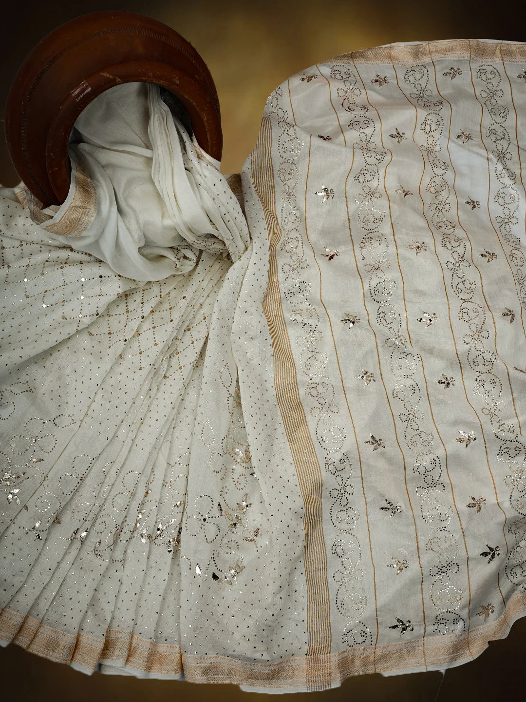 Ada Hand Embroidered White Chanderi Lucknowi Chikankari Saree and Blouse With Mukaish Work 01A683270