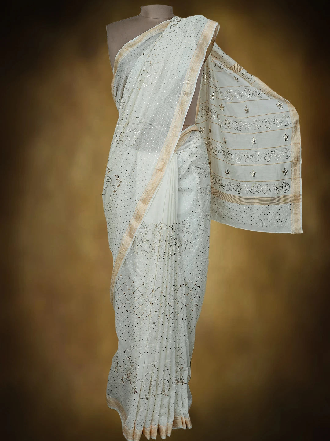 Ada Hand Embroidered White Chanderi Lucknowi Chikankari Saree and Blouse With Mukaish Work 01A683270