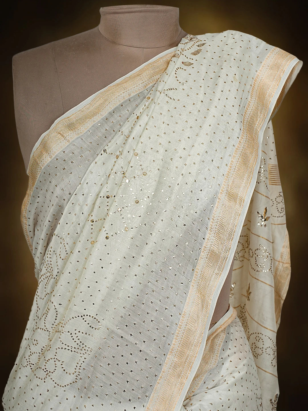 Ada Hand Embroidered White Chanderi Lucknowi Chikankari Saree and Blouse With Mukaish Work 01A683270