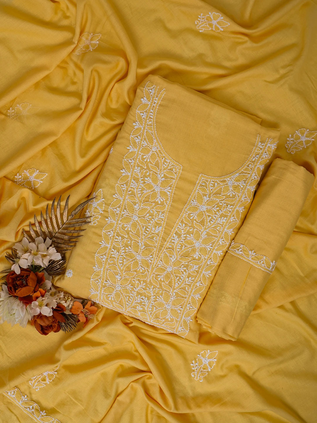 Ada Hand Embroidered Yellow Cotton Lucknowi Chikankari Unstitched Suit Piece 01A761544