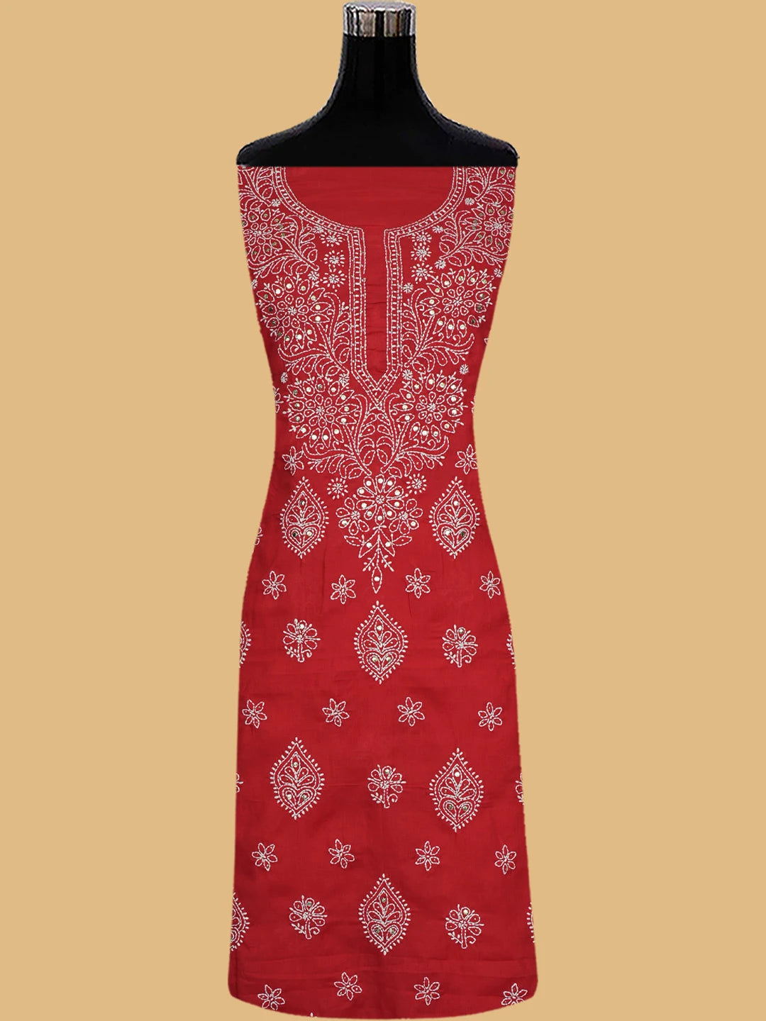 Ada Hand Embroidered Red Cotton Lucknowi Chikankari Unstitched Suit Piece With Mukaish Work 01A657401