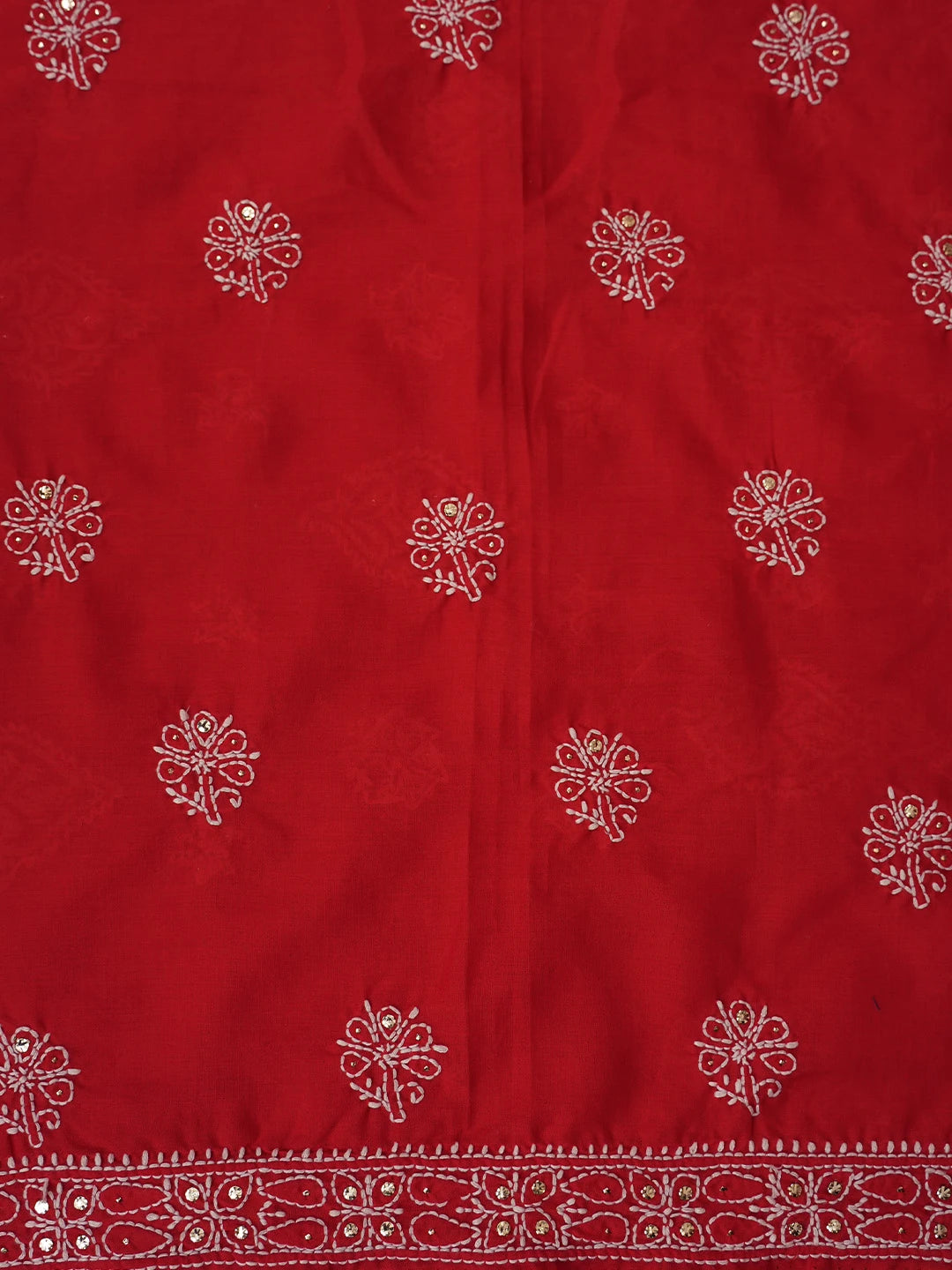 Ada Hand Embroidered Red Cotton Lucknowi Chikankari Unstitched Suit Piece With Mukaish Work 01A657401