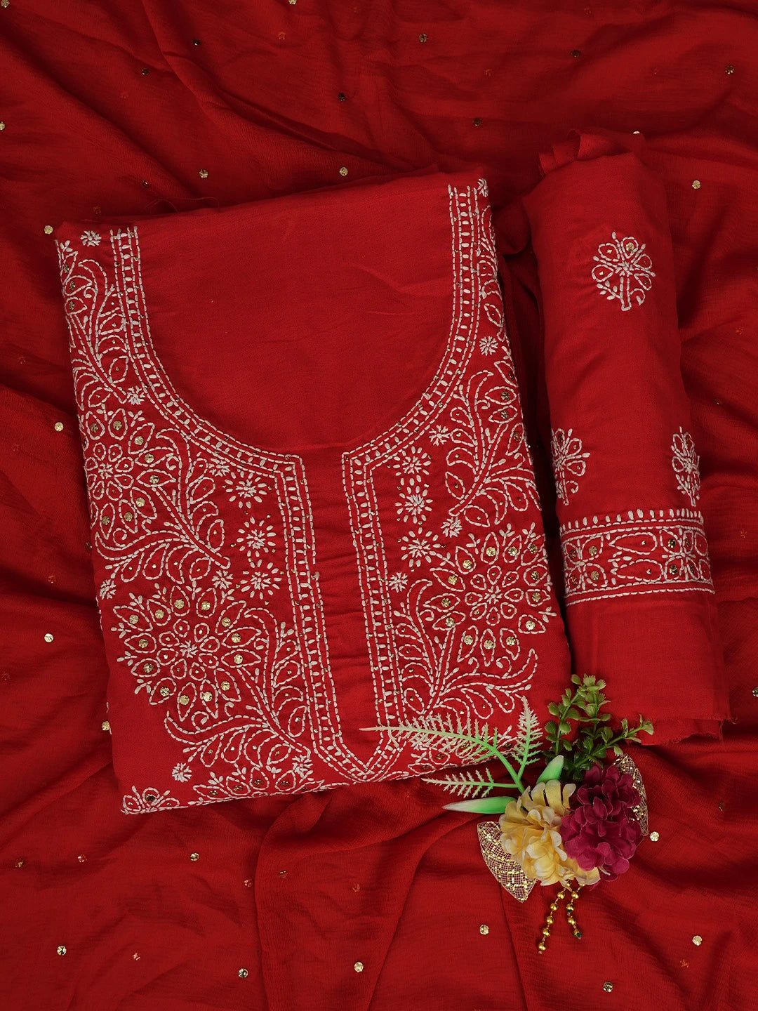Ada Hand Embroidered Red Cotton Lucknowi Chikankari Unstitched Suit Piece With Mukaish Work 01A657401