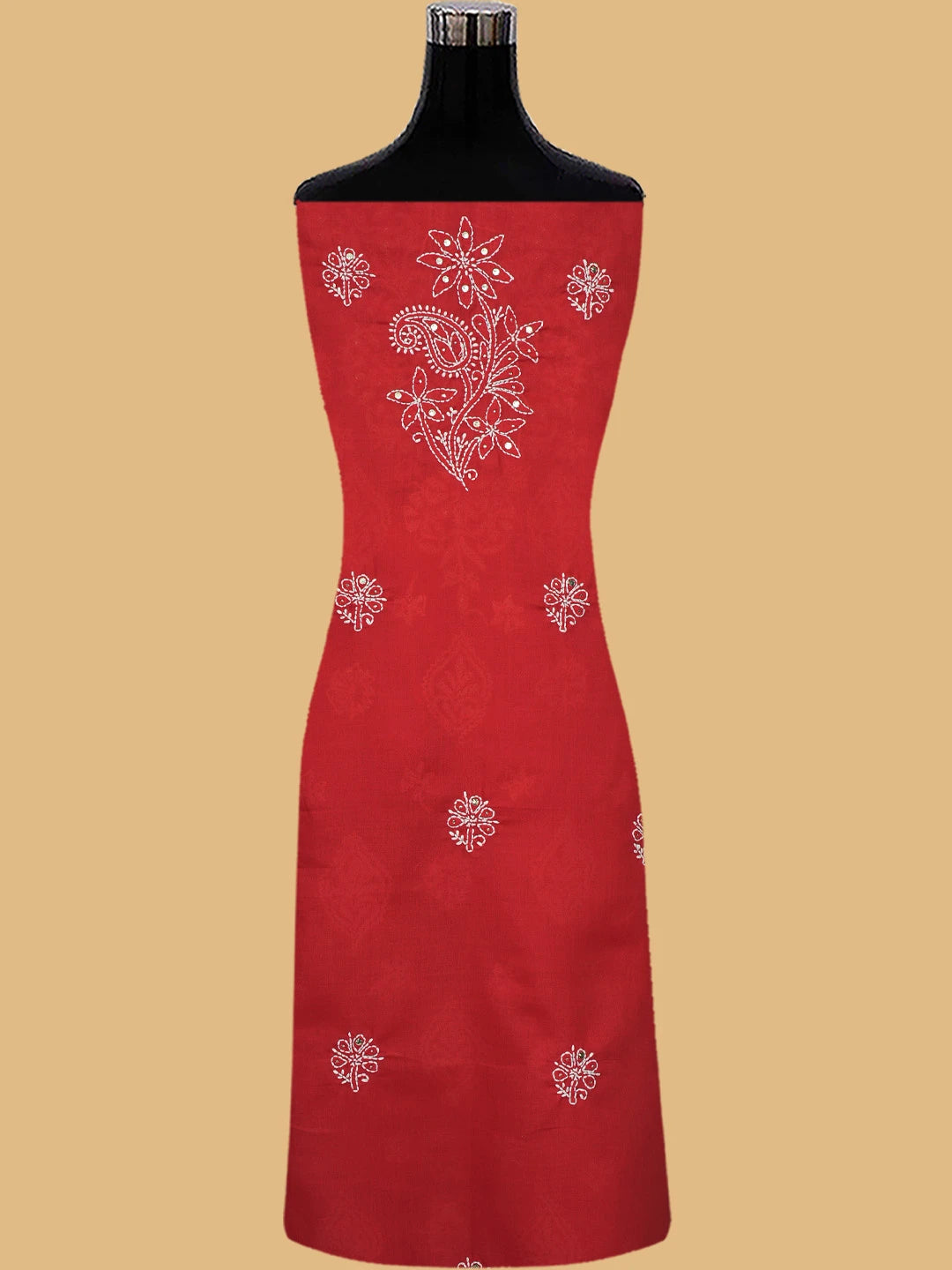 Ada Hand Embroidered Red Cotton Lucknowi Chikankari Unstitched Suit Piece With Mukaish Work 01A657401
